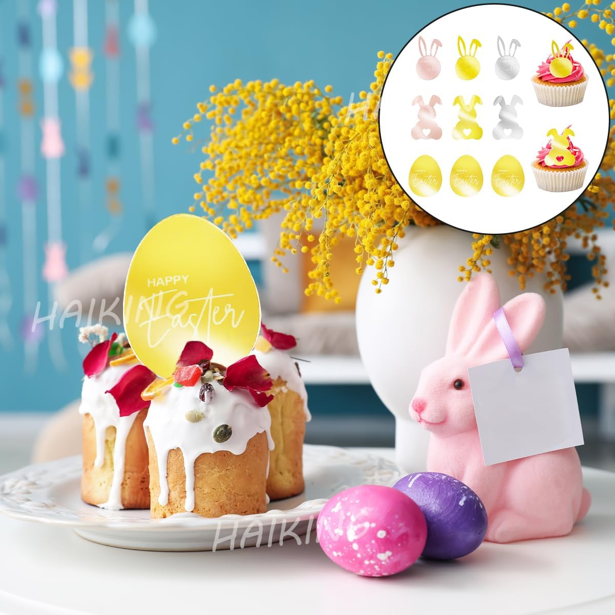 HAIKING Easter Cupcake Toppers, 9 PCS Plastic Mirror Engraved Cupcake Decorations for Easter Day, Party Supplies, DIY Craft (3 Styles) image number 4