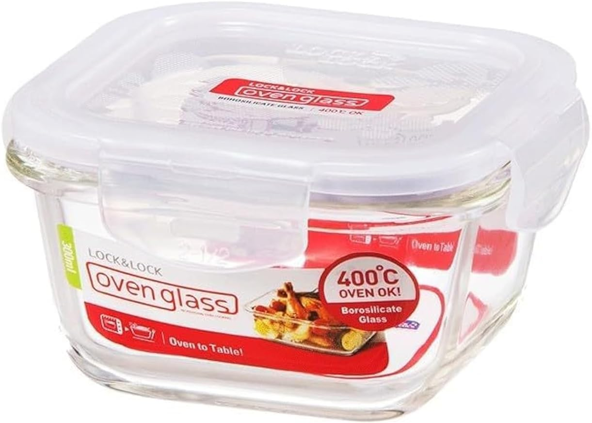 Locknlock Boroseal Square Oven Glass Food Container 500Ml Capacity, Borosilicate Glass, Heat Resistant to 400&deg;C, Patented Four-Hinge Locking System,100% Airtight, Leak-Proof Storage - Clear image number 1