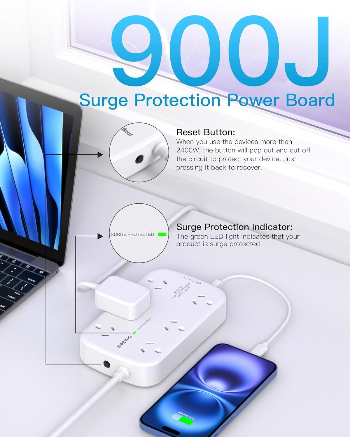 One Beat Surge Protected Power Board with 6 AC Outlets & 4 USB Ports (2&times;USB-C), 1.5M Extension Cord, AU Standard Travel Power Strip for Office, Dorm, Home Essentials image number 6
