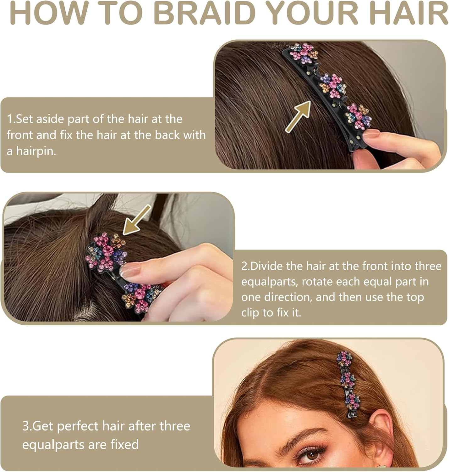 4 Sparkling Crystal Stone Braided Hair Clips, 3 Flower-Shaped Stones, Hair Accessories for Styling and Sectioning, Braided Duckbill Clips for Women and Girls. image number 6
