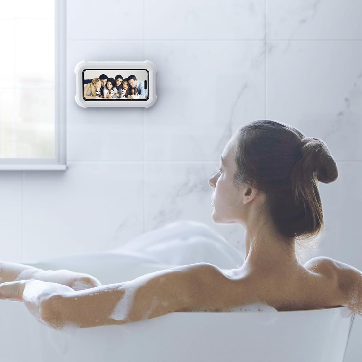 TONGLUO Shower Phone Holder Waterproof, 360&deg; Rotation Adjustable Wall Mount, Bathtub/Bathroom Phone Stand with Anti-Fog Case for Iphone 17 Pro Max Air and 4-7" Phones(White) image number 5