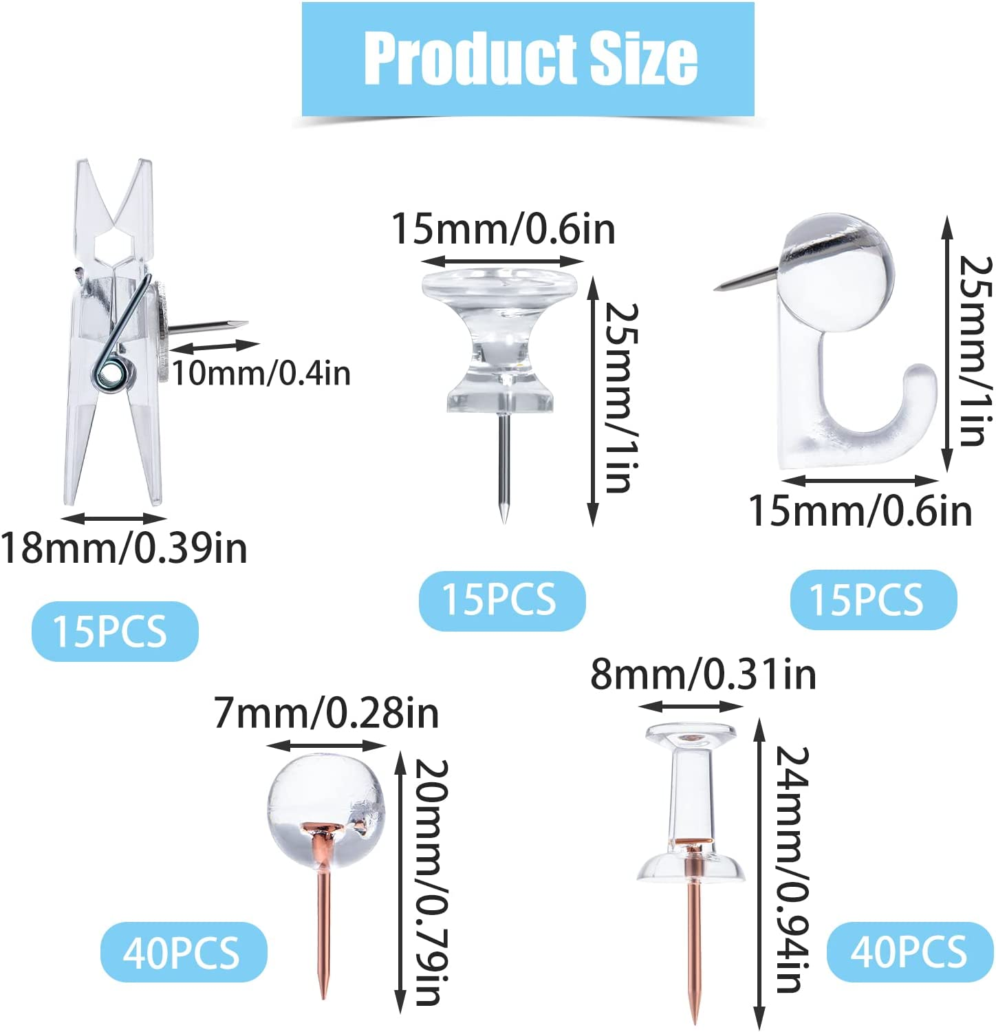 AIEX 125Pcs Push Pin Set - Clear Plastic Hook, Clip, Decorative Thumb Tacks with Stainless Steel Point for Cork Board, Bulletin Board, Office Wall (5 Styles)