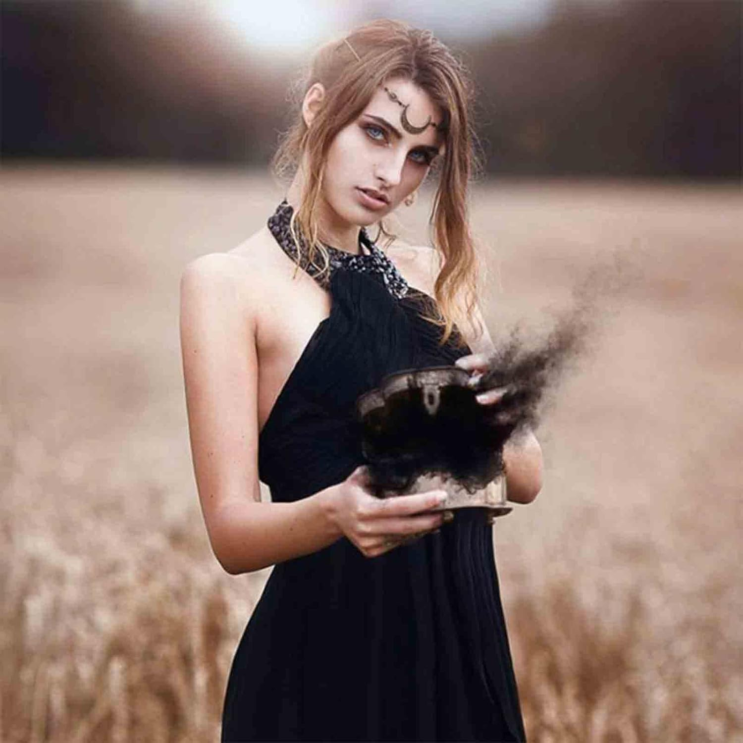 Yheakne Boho Crescent Moon Hair Chain Headband Black Crystal Head Chain Gothic Headband Hairpiece Gypsy Headband Tiara Festival Hair Accessories for Women and Girls image number 2