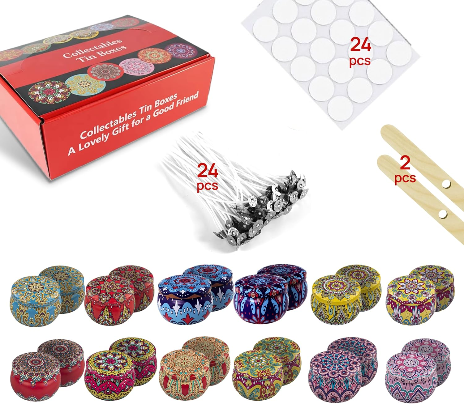 Candle Tin Patterns Empty Candle Tins Jars for Making with Wicks, Wick Holders& Stickers + Beautiful Gift Wrap Box (2.5 Oz 12 Multicolor)