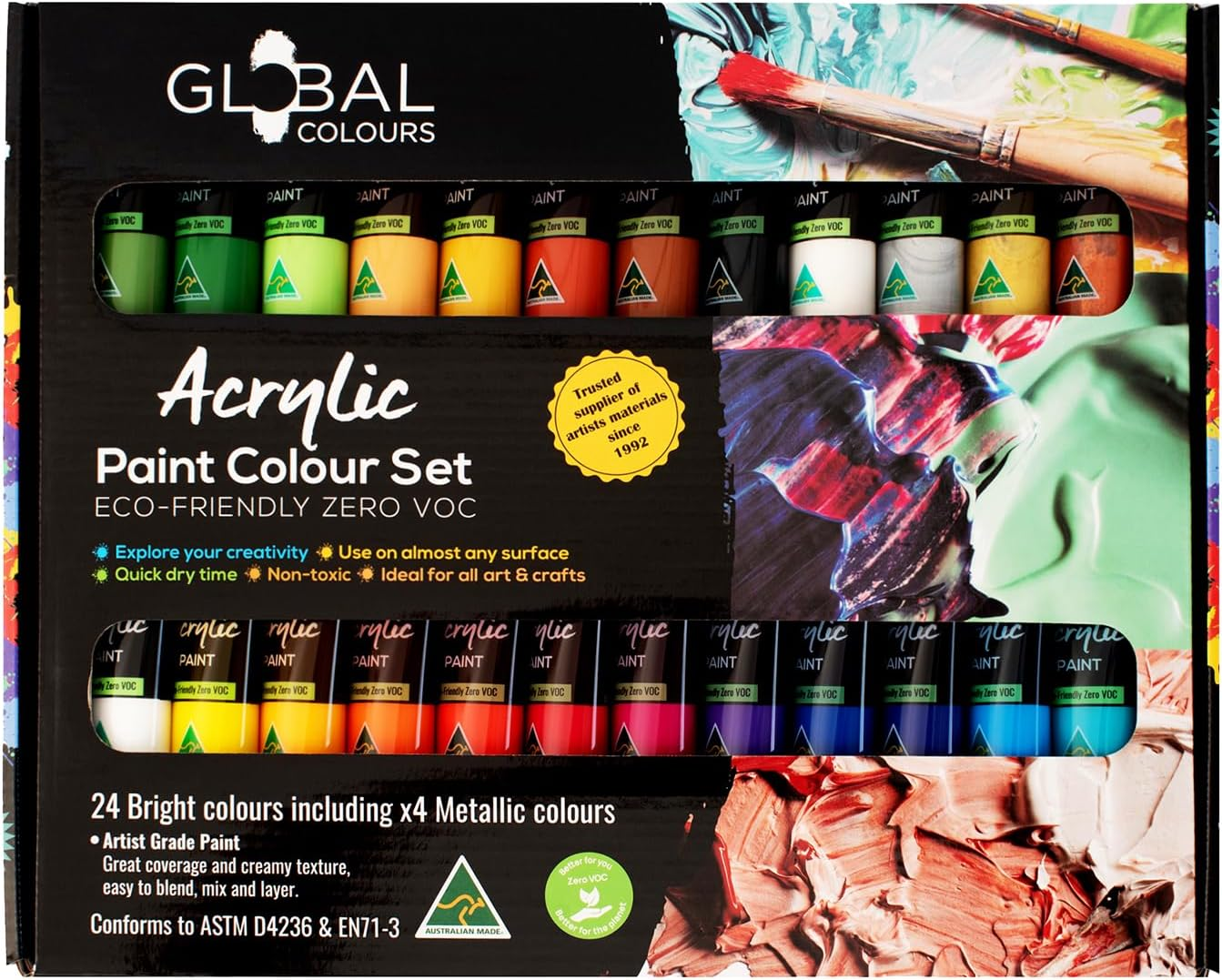 GLOBAL COLOURS Acrylic Paint Set &ndash; 24 X 36Ml Tubes. Artist Quality, Waterproof Paints for Canvas, Wood, Paper, Ceramics &ndash; Non-Toxic, Made in Australia. Ideal for Beginners & Kids image number 4
