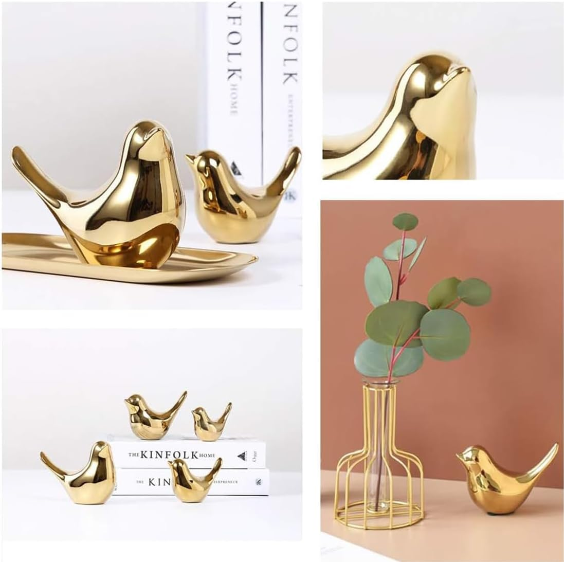 Small Gold Birds Ceramic Statues, Decorative Animal Sculpture, Gold Bird Figurines Ornaments, Modern Art Style Home Decor Craft for Shelves Bedroom Office Desktop Cabinets (2 Pack)
