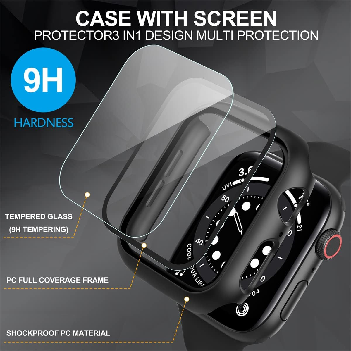 Diruite 2-Pack for Apple Watch Series 9/8/7 41Mm Screen Protector Case, All-Around HD Tempered Glass Ultra-Thin PC Hard Matte Protective Cover - Black image number 5