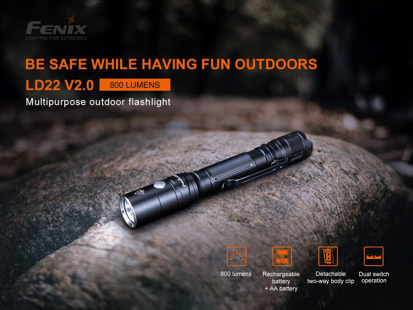 Fenix LD22 V2.0 Rechargeable Flashlight - 800 Lumens Super Bright Flash Light - 5 Brightness Levels IPX7 Waterproof Led Flashlight - Rechargeable Flashlights for Camping, Hiking, Outdoor - Black image number 1