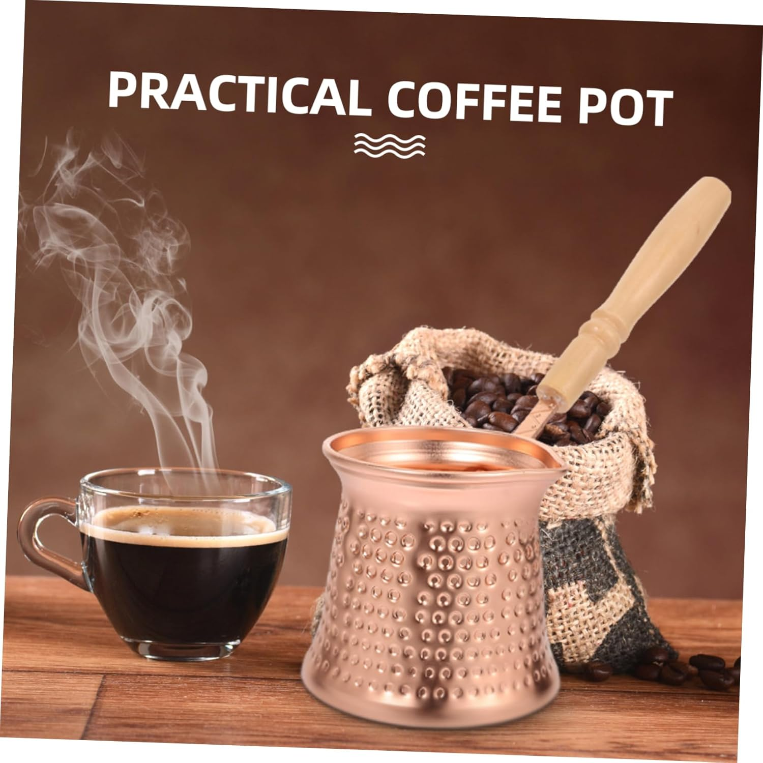 SOLUSTRE Turkish Coffee Pot 350Ml Copper Alloy Small Stovetop Ibrik Wood Handle Heat-Resistant Metal Beverage Pot for Espresso and Milk Steamer image number 1