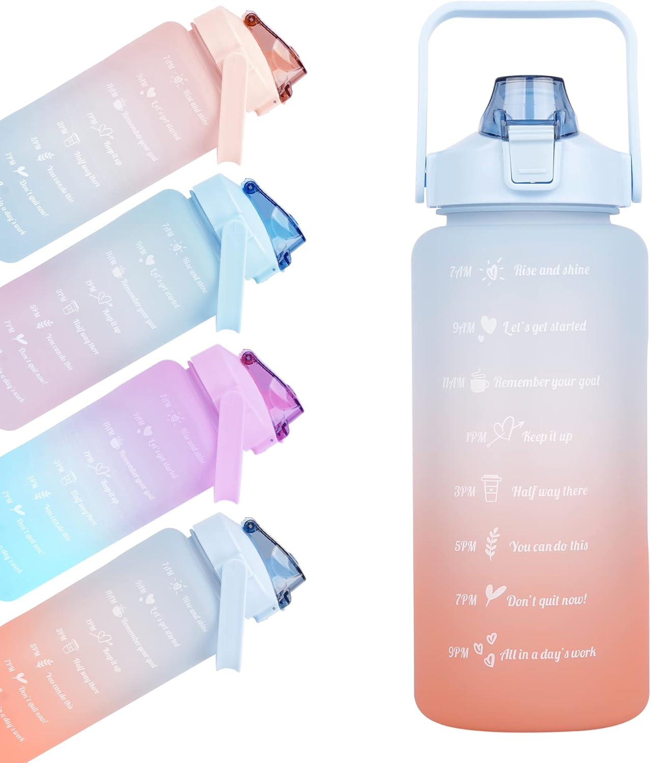 Water Bottle, Koncle Motivational Water Bottle, Large Capacity Drinking Bottle with Time Straw & Marker, Reusable Leakproof Water Jug,2L Blue and Orange image number 1