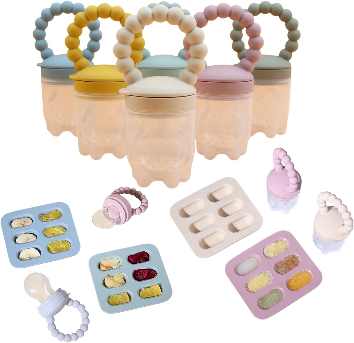 Baby Silicone Teething Mitten Set, 4-Pack with Food Feeder and Freezer Tray, BPA Free, Pink/Blue/Yellow (Bl)