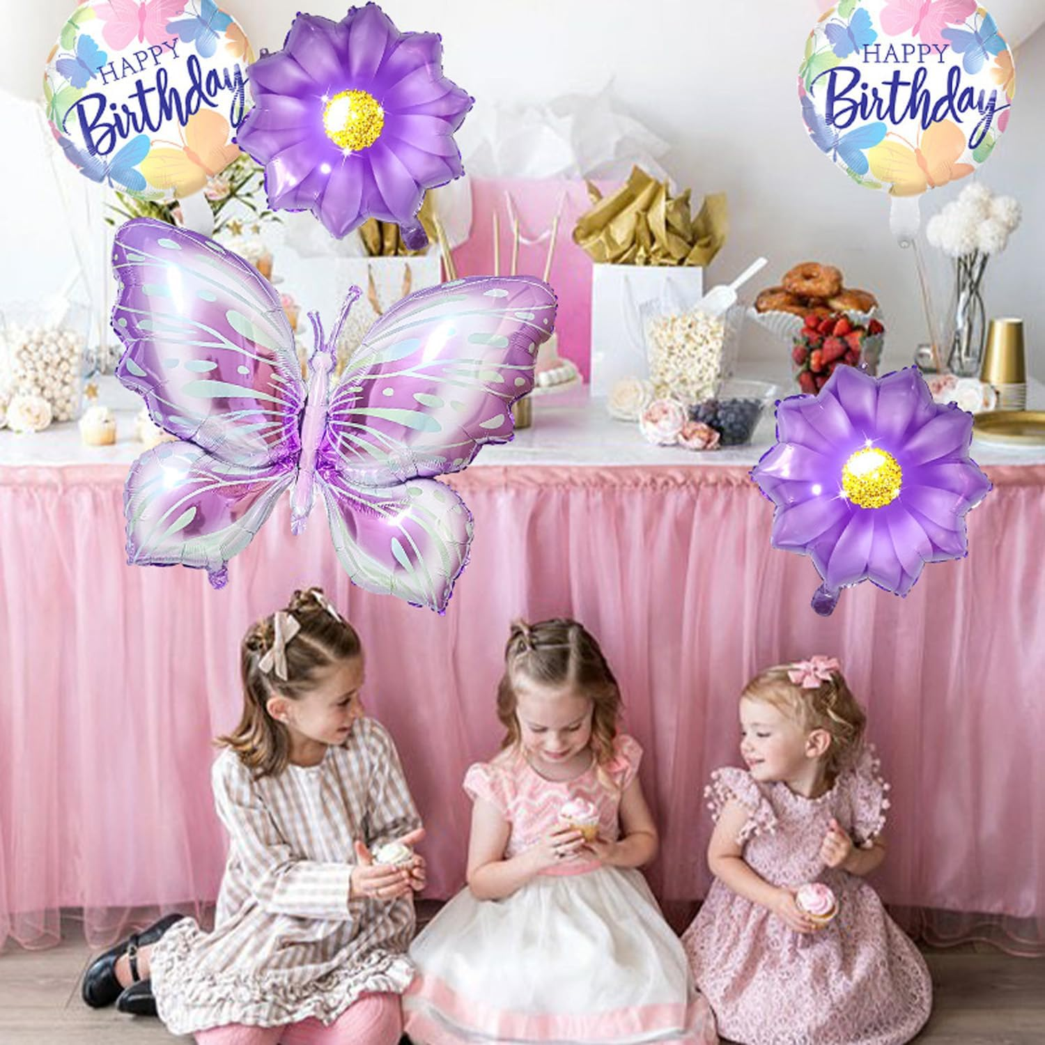 Butterfly Daisy Number Balloons 3Nd Happy Birthday Party Decorations Purple Butterfly Foil Mylar Latex Balloon Set 32Inch Digital Daisy Sequin Birthday Party Decoration Number 3 - Number 2 image number 3