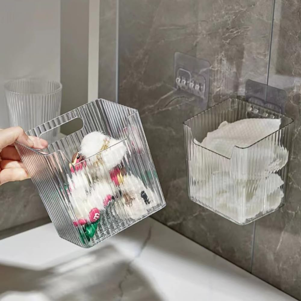 NYGHMY 4 Pcs Wall Mounted Organizers (With 4 Self-Adhesive Hooks), Plastic Transparent Wall Mount Storage Bins for Refrigerator, Kitchen, Bathroom, Office image number 1