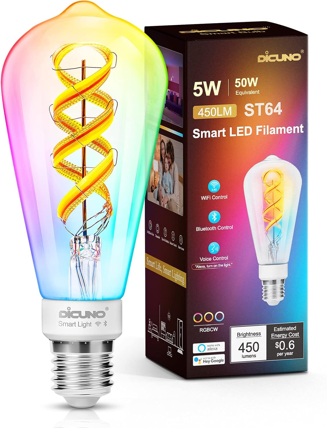 Dicuno Smart Bulbs, E27 LED Edison Bulbs ST64, Dimmable Wifi Light, Compatible with Alexa or Google Assistant, 5W (50W Equivalent), 450LM, 100-240V, 2700K-6500K, No Hub Required