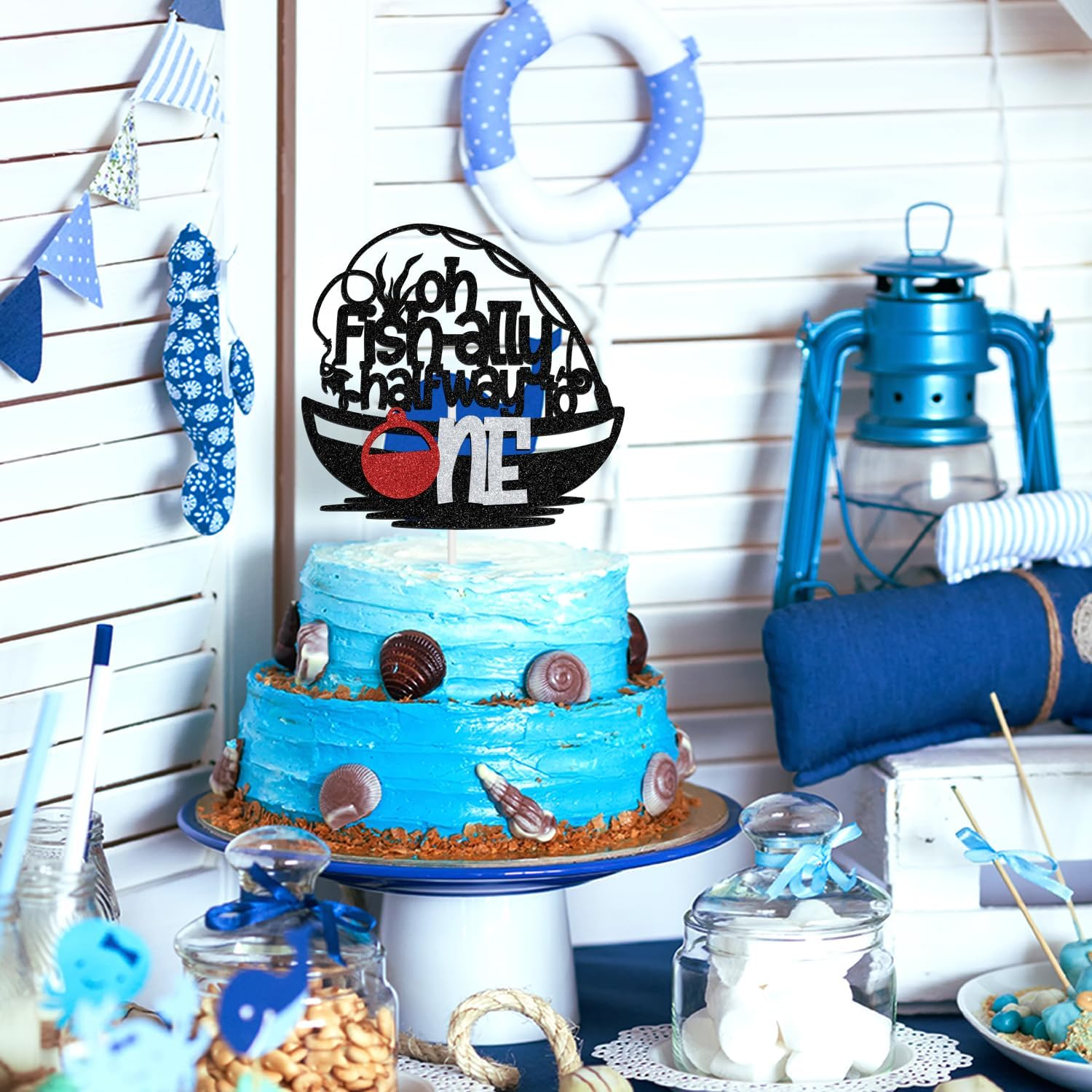 Little Fisherman Half Way to One Birthday Cake Topper, Boy Fishing Birthday, Lakeside Party, 6 Months, Happy 1/2 Birthday, Baby Shower Party Decorations Supplies, Blue Glitter image number 4