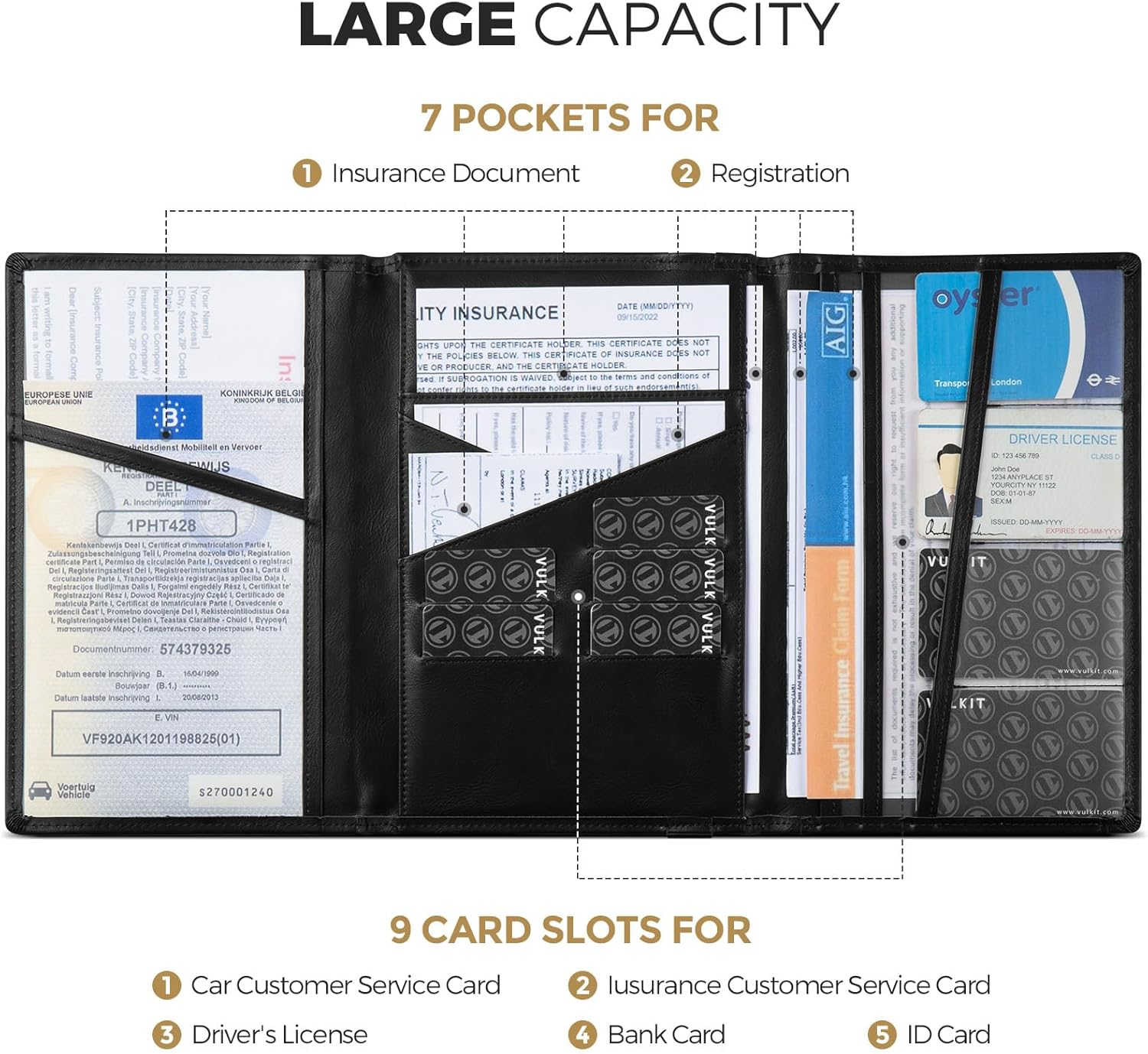 VULKIT Car Registration and Insurance Card Holder Vehicle Glove Box Organizer Leather Tri-Fold Design for Car Keys, ID Holder, Essential Documents Black image number 3