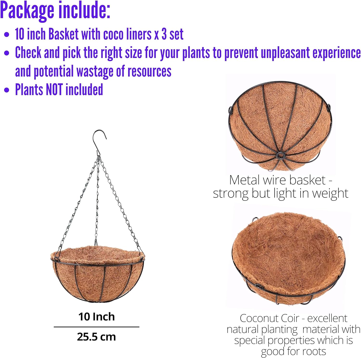 Hanging Basket for Plant - 3 Pack, 10 Inch, Hanging Metal Wire Planters with Coco Liner, Flower Pots Hanger round Plant Holder Porch Home Decor Garden Outdoor Macetas Colgantes Para Plantas image number 3