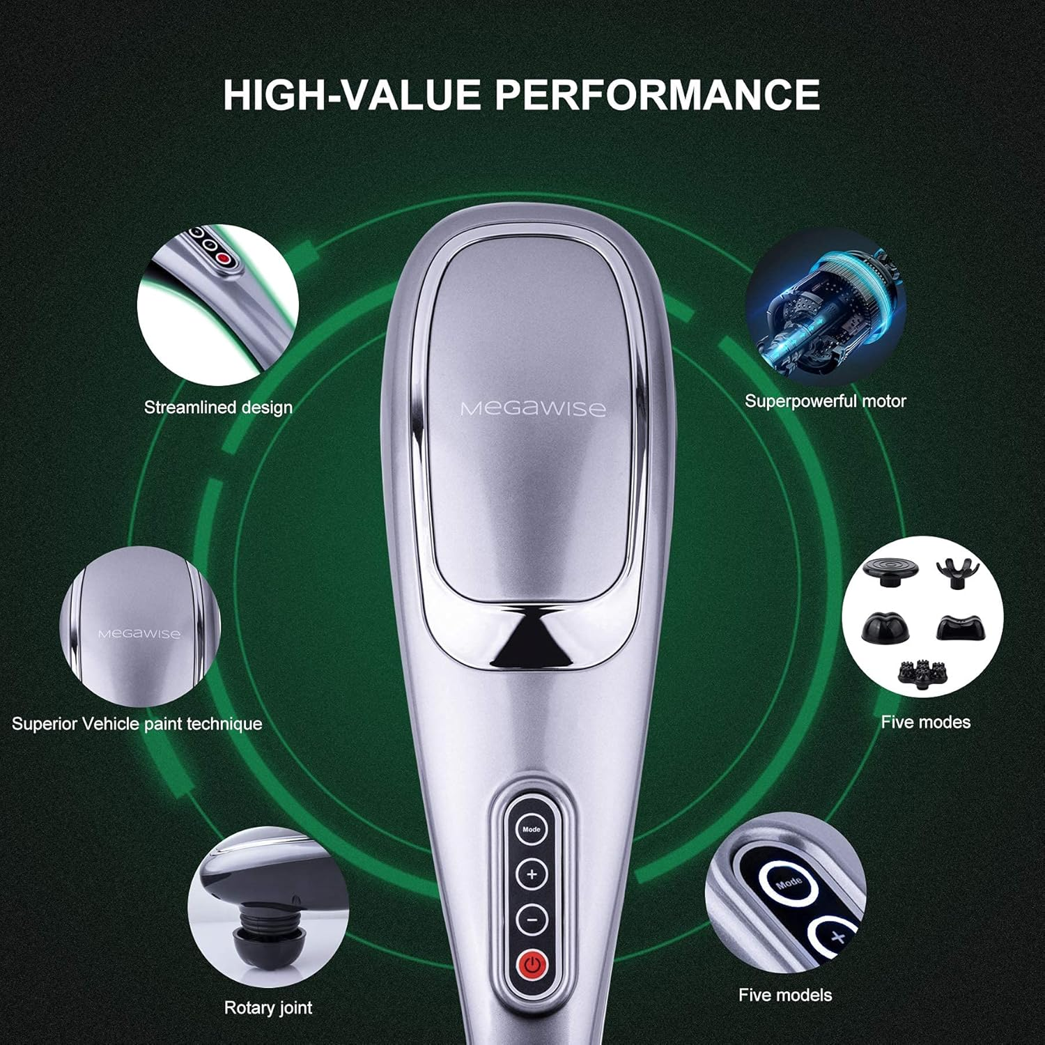MEGAWISE Massager Handheld Deep Tissue Neck Back Massager for Shoulders, Waist, Legs, 3600 RPM Powerful Motor Electric Neck Massager with 5 Nodes & 5 Speeds, Knotty Muscle Relief image number 4