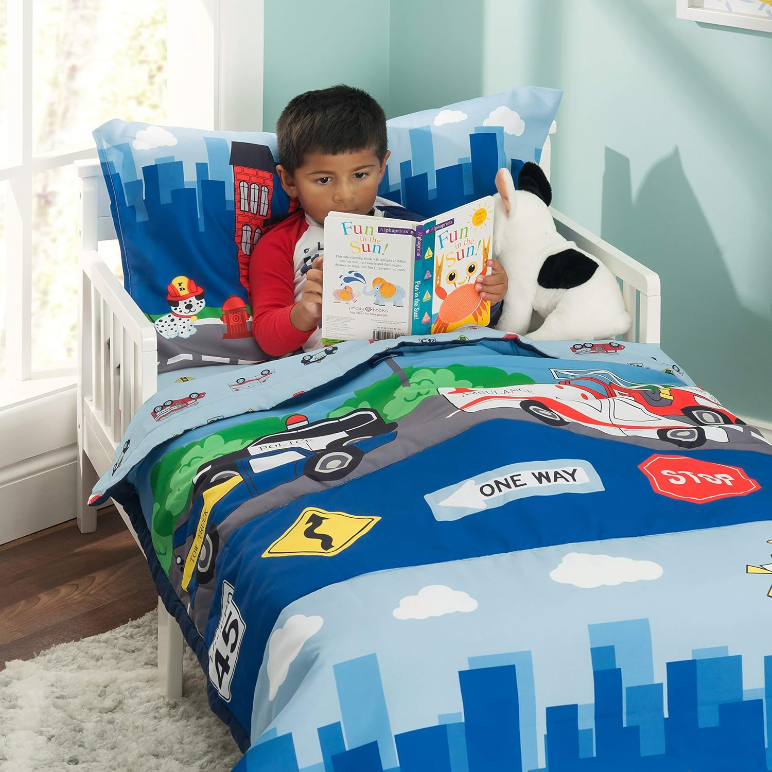 Everyday Kids 4 Piece Toddler Bedding Set -Fire and Police Rescue- Includes Comforter Flat Sheet Fitted Sheet and Reversible Pillowcase image number 5