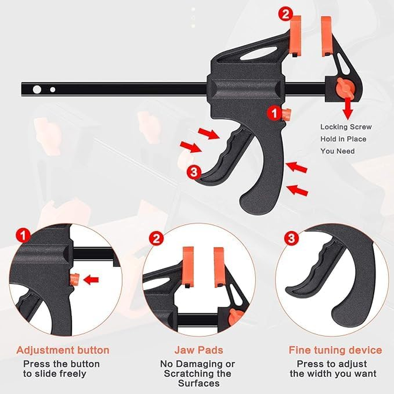JINTANG Set of 6 One-Hand Clamp Set, Screw Clamp Tensioner Right Angle Clip Positioning Squares 90 Degree 4 Inches and F-Shaped Rod Clamps Quick Grip Clamps Set