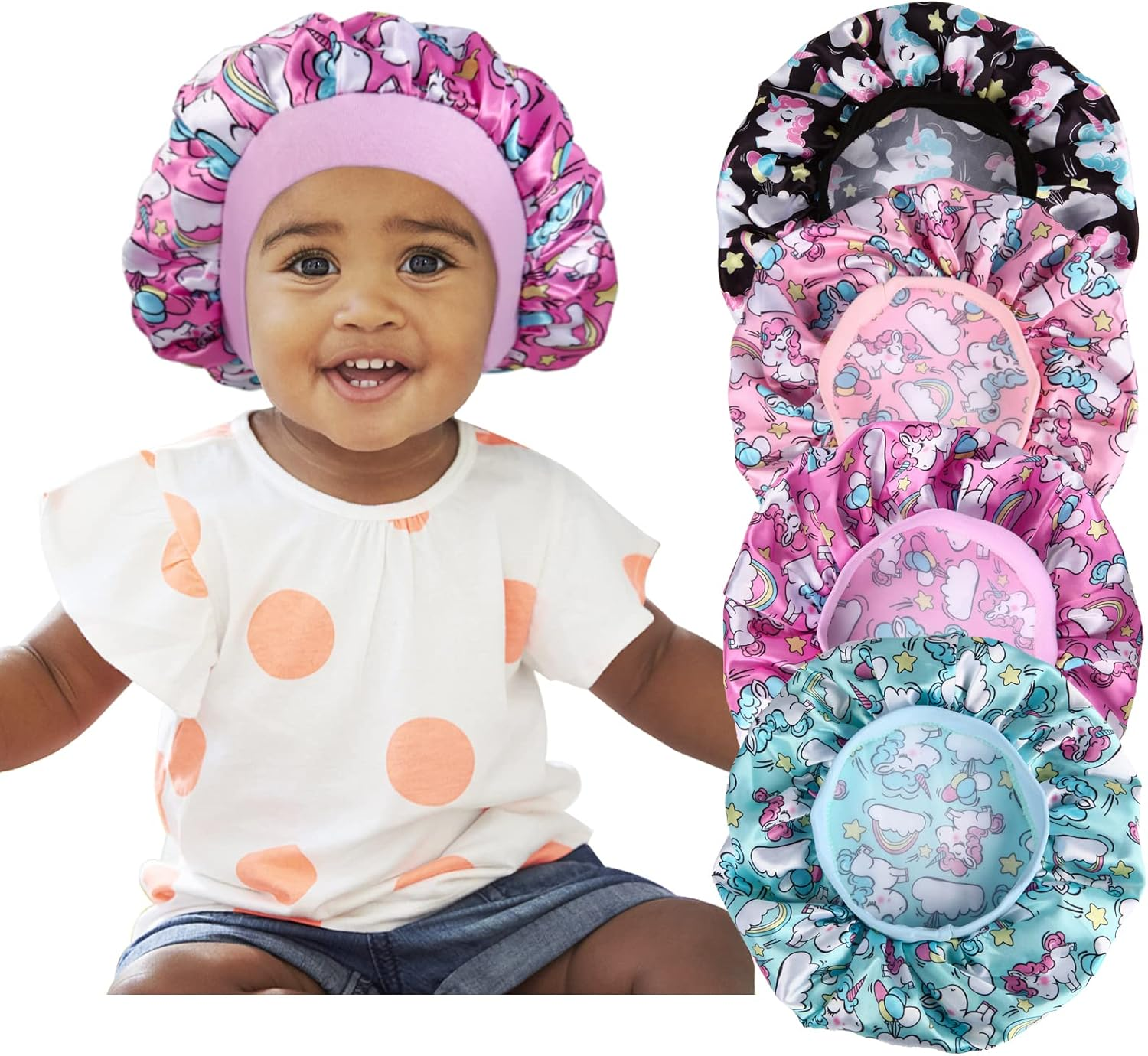 4 Pcs Silk Bonnet for Sleeping Kids Bonnets for Girls Baby Satin Sleep Cap Hair Wraps for Curly Natural Hair Elastic Wide Band