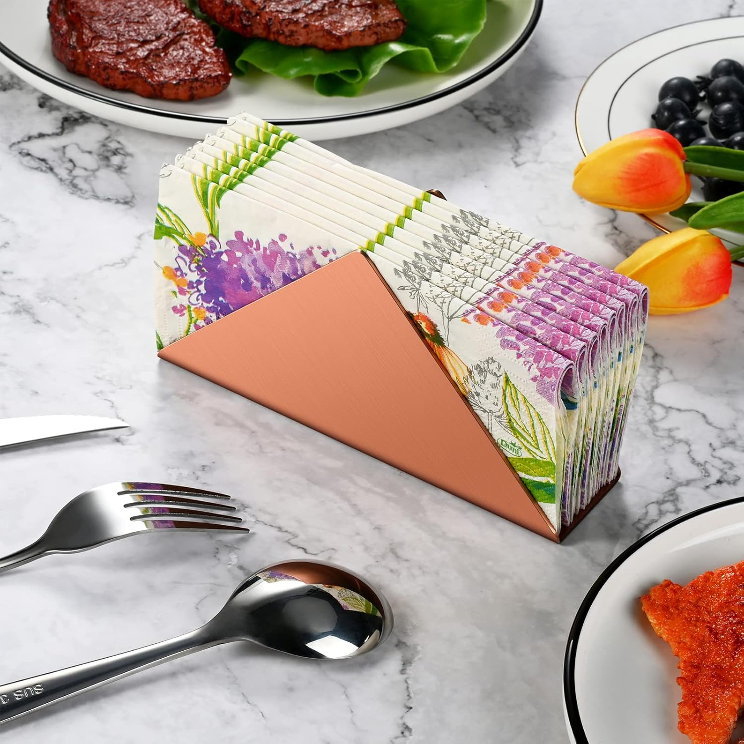 Lidwot Rose Gold Stainless Steel304# Napkin Holder for Table,Metal Standing Tissue Dispenser Organizer for Kitchen Dining Table,Cocktail Picnic Bar Napkins Holder,Upright Metal Napkin Dispenser. image number 1