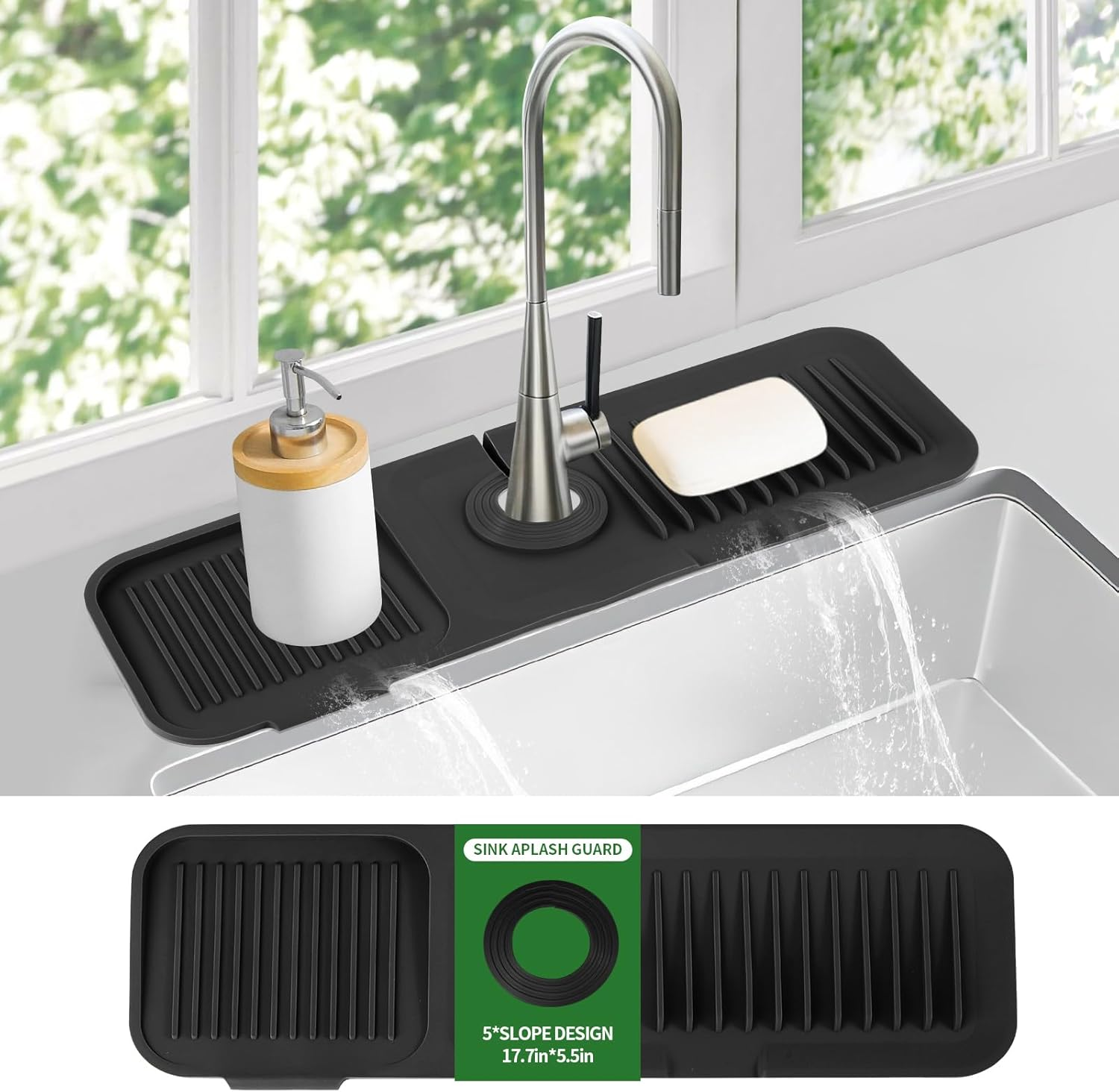 Dolic Faucet Mat for Kitchen Sink, Silicone Splash Guard with Rapid Drying & Dish Soap Sponge Holder, Perfect for Kitchen & Bathroom (Black, 61 X 15Cm)
