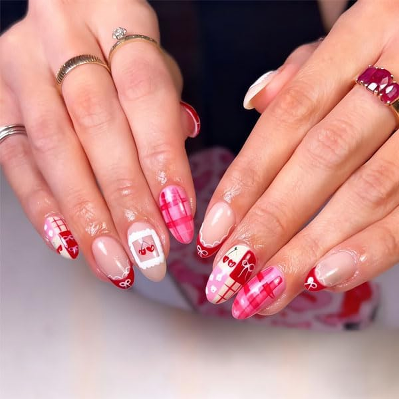 French Press on False Nails, Red Bow Checkered Cherry Flower Fake Nails, Romantic Love Style False Nails, Shiny Acrylic Artificial Nails for Valentine&rsquo;S Day and Daily Dating,24 PCS(11)