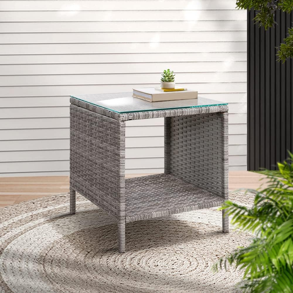 Gardeon Wicker Rattan Coffee Table - Square Tempered Glass Top Furniture with Storage for Outdoor Backyard Lawn Balcony Pool Patio, Grey image number 1