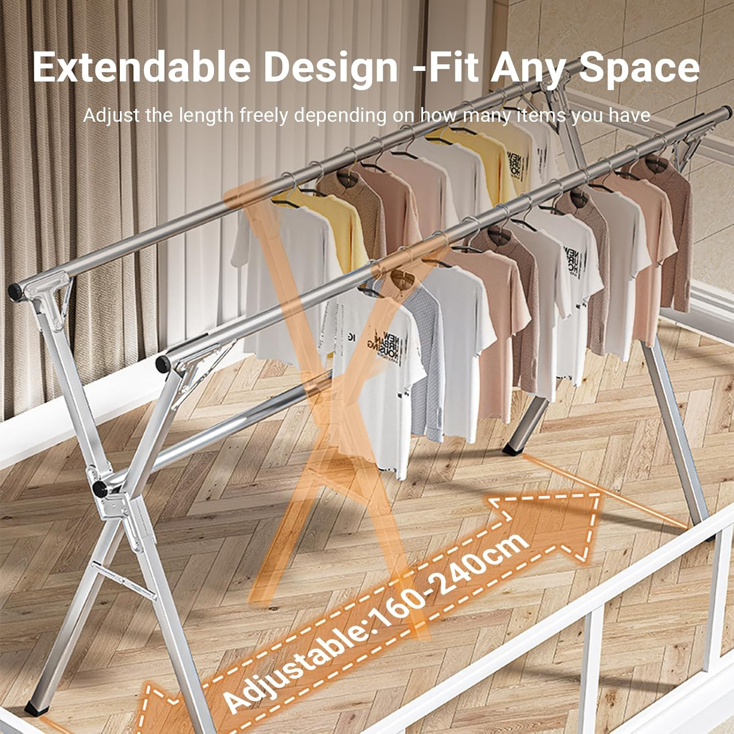 Clothes Drying Rack 95 Inches Folding Outdoor Indoor, Drying Rack Clothing Collapsible, Heavy Duty Stainless Steel Clothesline, with 20 Hooks 5 Clips image number 2