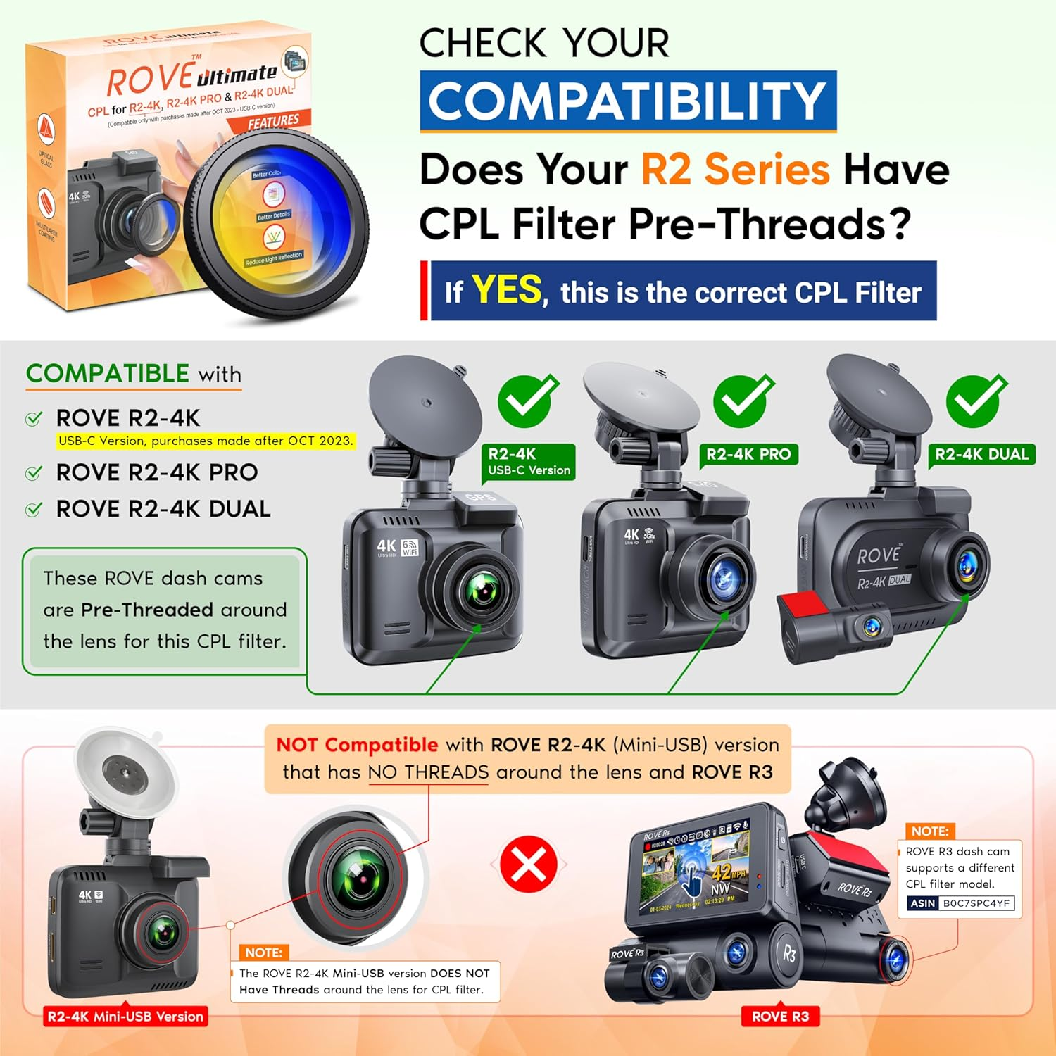 ROVE Ultimate CPL Filter, Anti-Glare Circular Polarizer Lens for ROVE R2-4K, R2-4K PRO, and R2-4K Dual Dash Cam Models image number 6