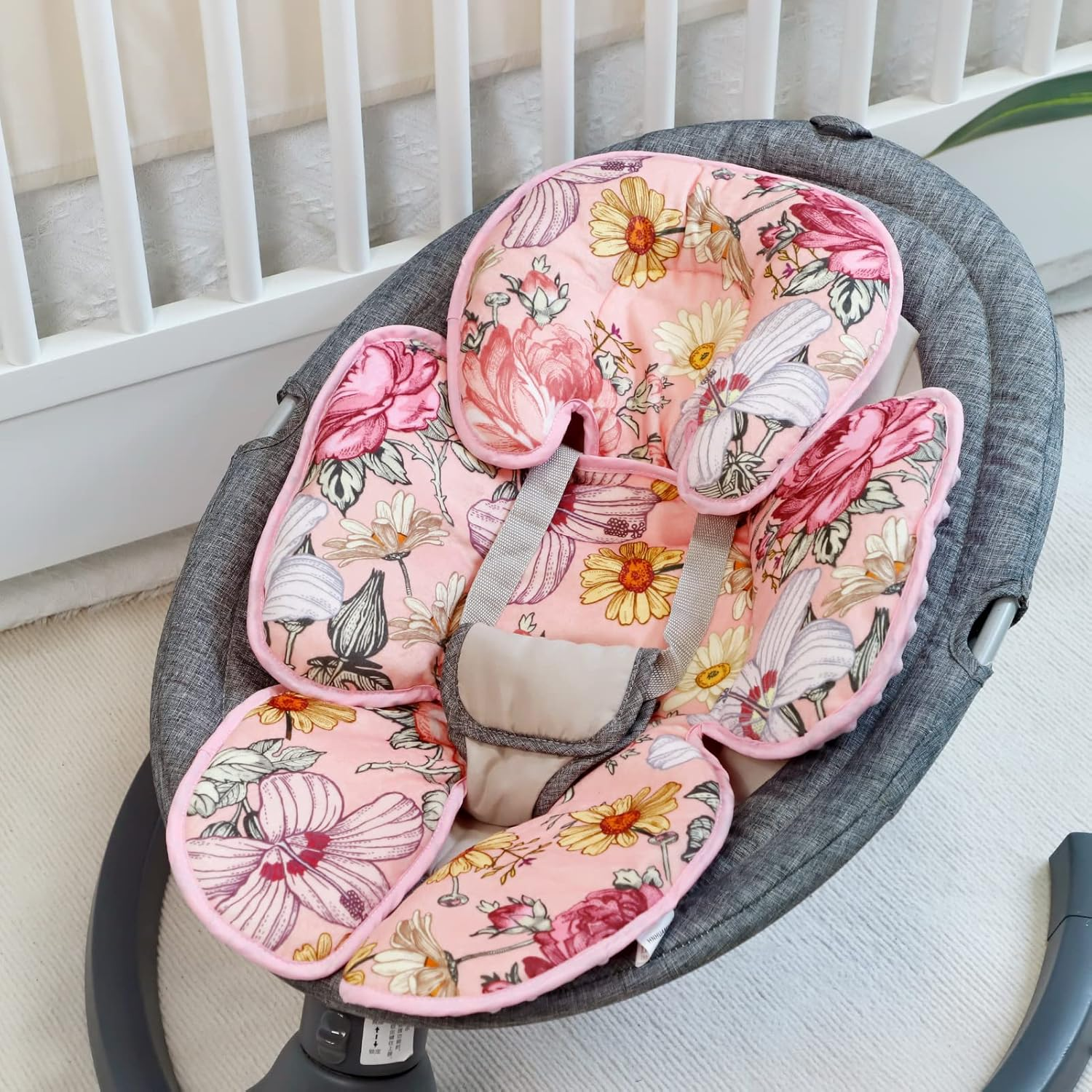Pink Infant Car Seat Body Support Pillow,2-In-1 Reversible Carseat Insert,Soft Cushion for Swing, Bouncer,Flowers image number 3