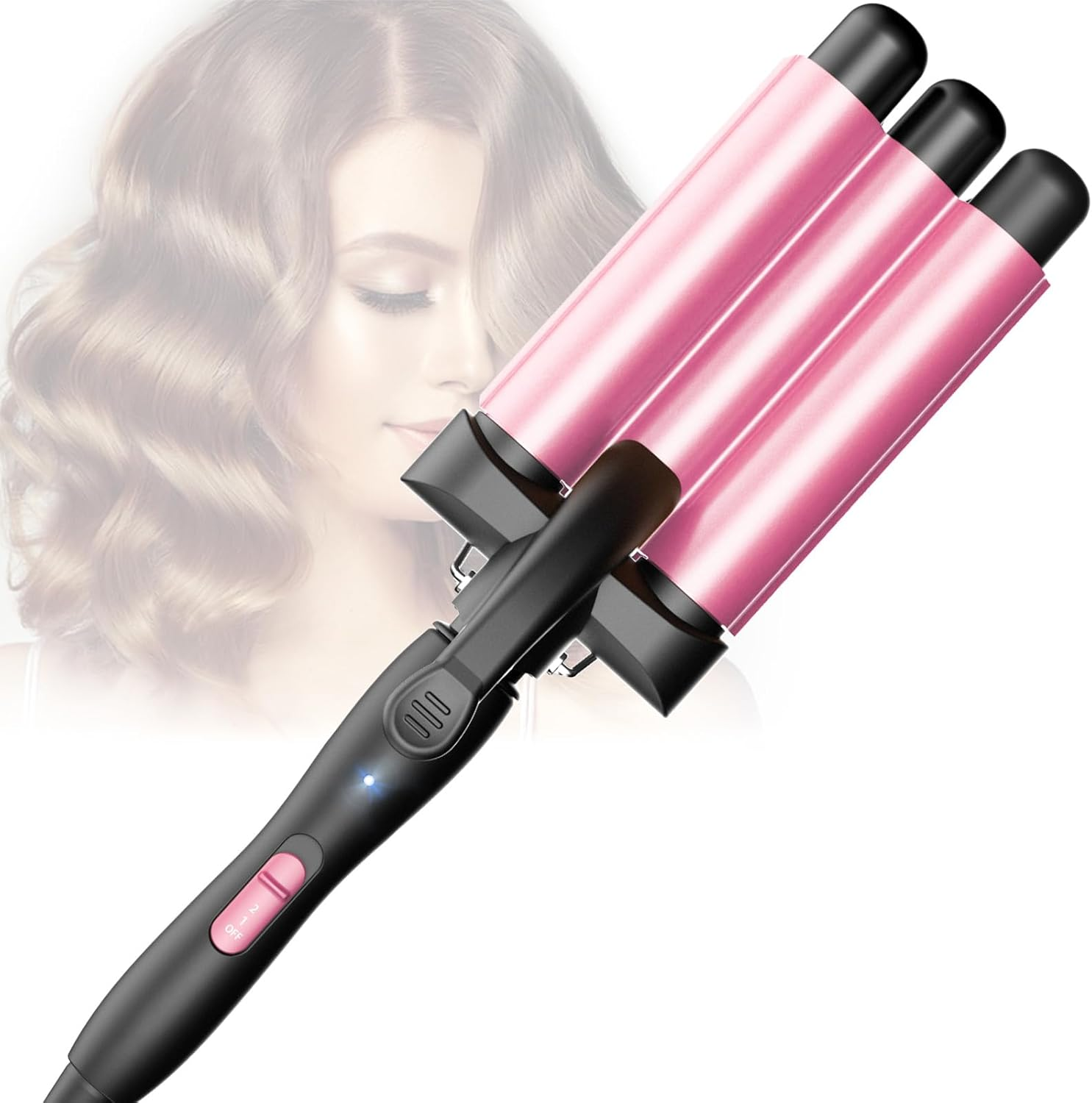 3 Barrels Beach Waves Curling Iron - Ceramic Curler 3 Wavy Head, 2 Temperatures, Fast Heating Waffle Wavy Hair, Suitable for Long and Short Hair, Pink