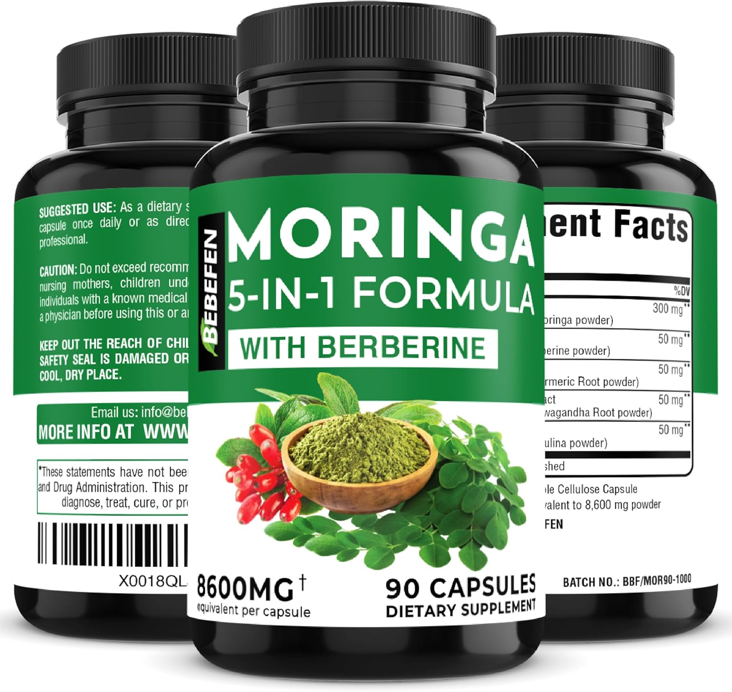 Moringa Capsules with Berberine | Turmeric | Ashwagandha | and Spirulina - 5In1 Moringa Supplement - Equivalent 8600Mg per Capsule - 90 Capsules for 3 Months Supply image number 5