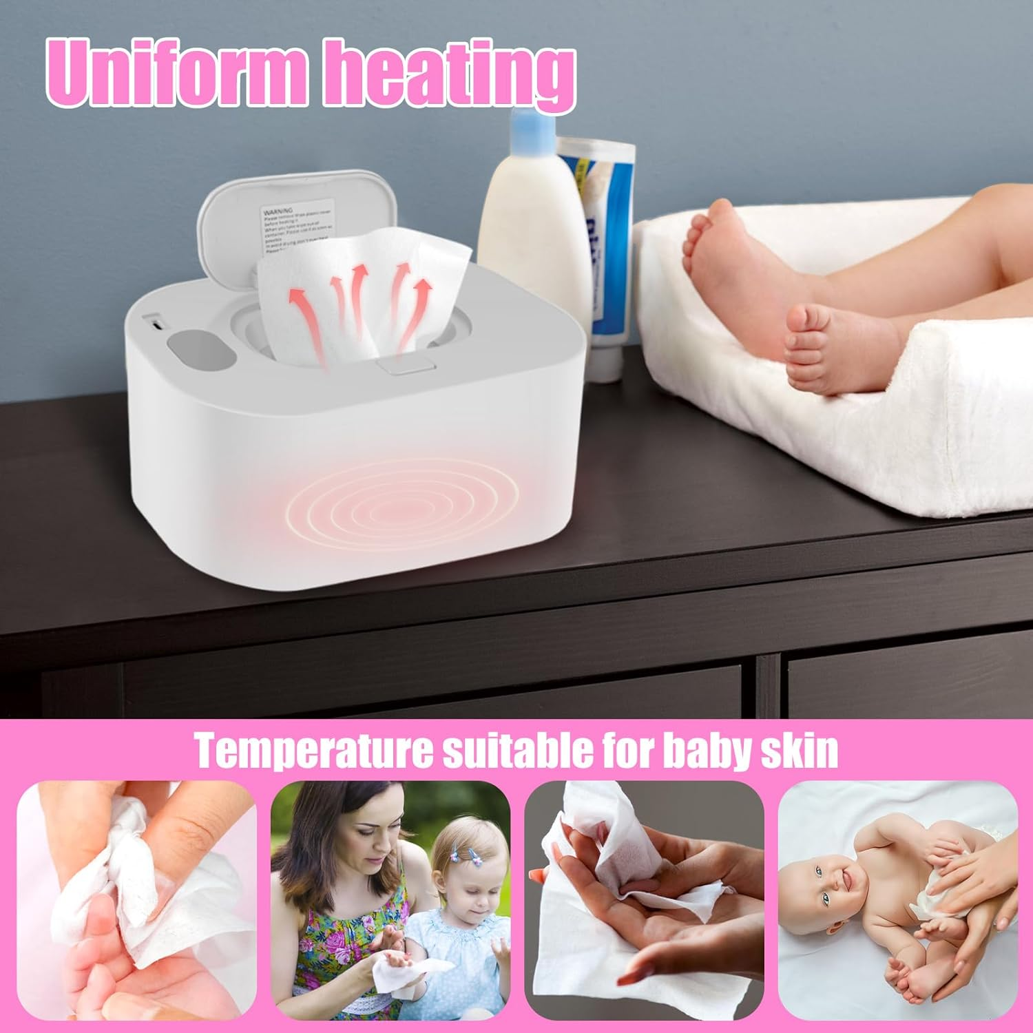 Newborn Wipe Warmer, Thermostat Baby Wipe Warmer and Wet Wipes Dispenser Portable Baby Wipes Dispenser Warmer Prevent Dry USB Baby Wipe Warmer for Car Home Baby Nursery 7.9&times;4.7&times;3.9 in (White) - Pink image number 6