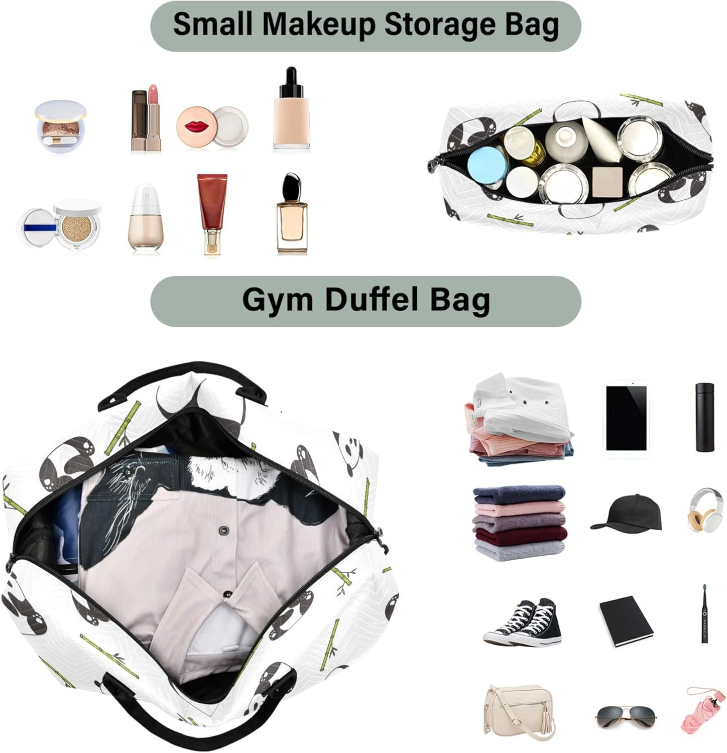 Luggage Travel Bag Gym Bag Carry on Weekend Bag with Toiletry Bag for Gym Waterproof Giant Pandas and Green, Multi, One Size, Modern/Fitted, Multi, One Size, Modern/Fitted image number 2