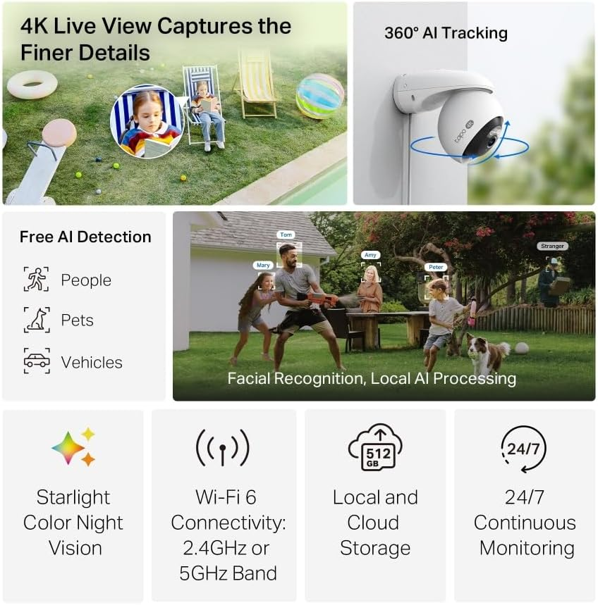 Tapo Tp-Link Pan/Tilt Outdoor Wi-Fi Camera, Colour Night Vision, 4K, 24/7, Starlight Sensor, 360&deg;, Free AI Detection, IP66, Alarm, Local/Cloud Storage, Two-Way Audio, Facial Recognition (Tapo C560WS) image number 4
