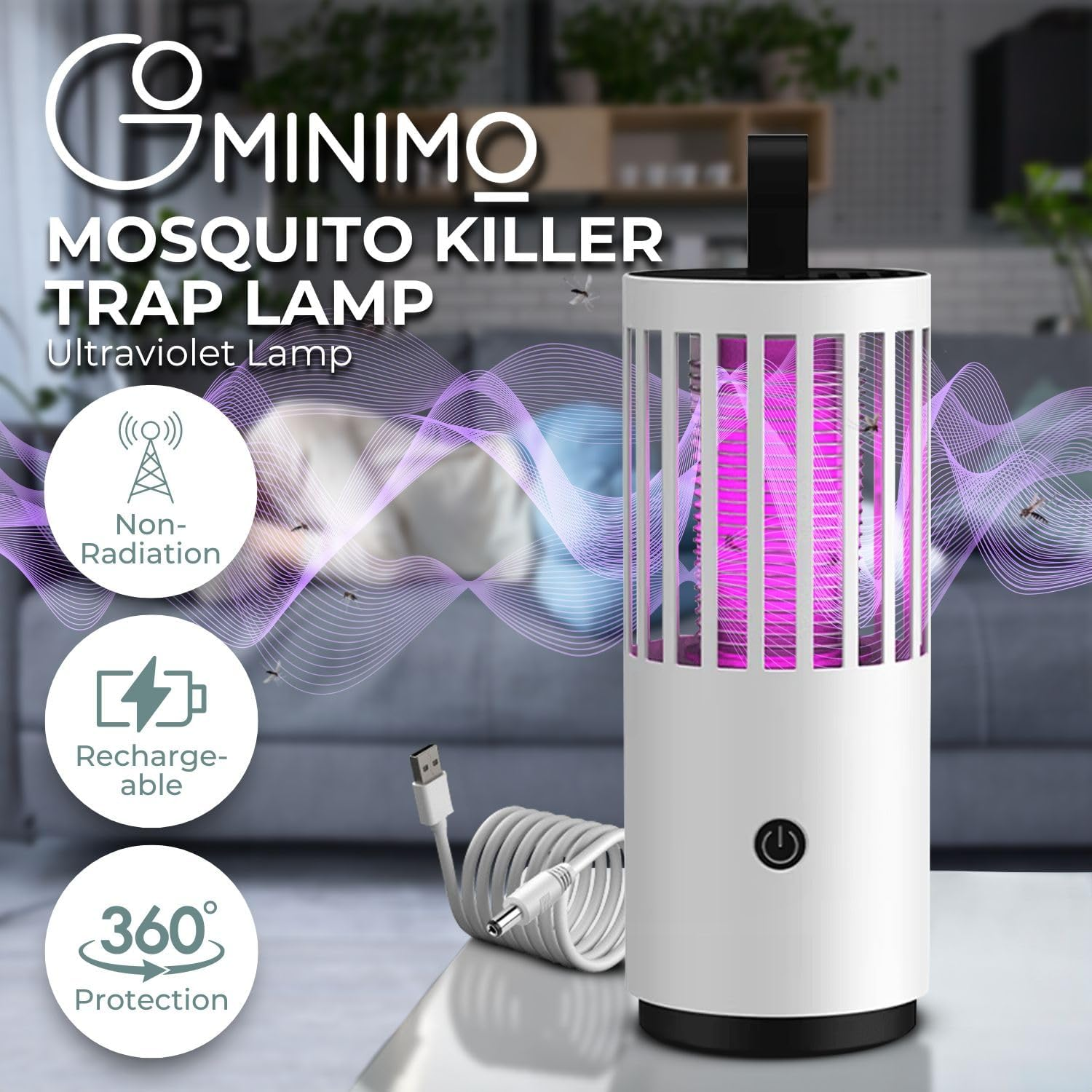 GOMINIMO Mosquito Lamp Bug Zapper - Portable Fly Zapper for Indoor & Outdoor, Rechargeable 2000Mah Mosquito Trap, Versatile Mosquito Killer and Repellent Lamp - White image number 5