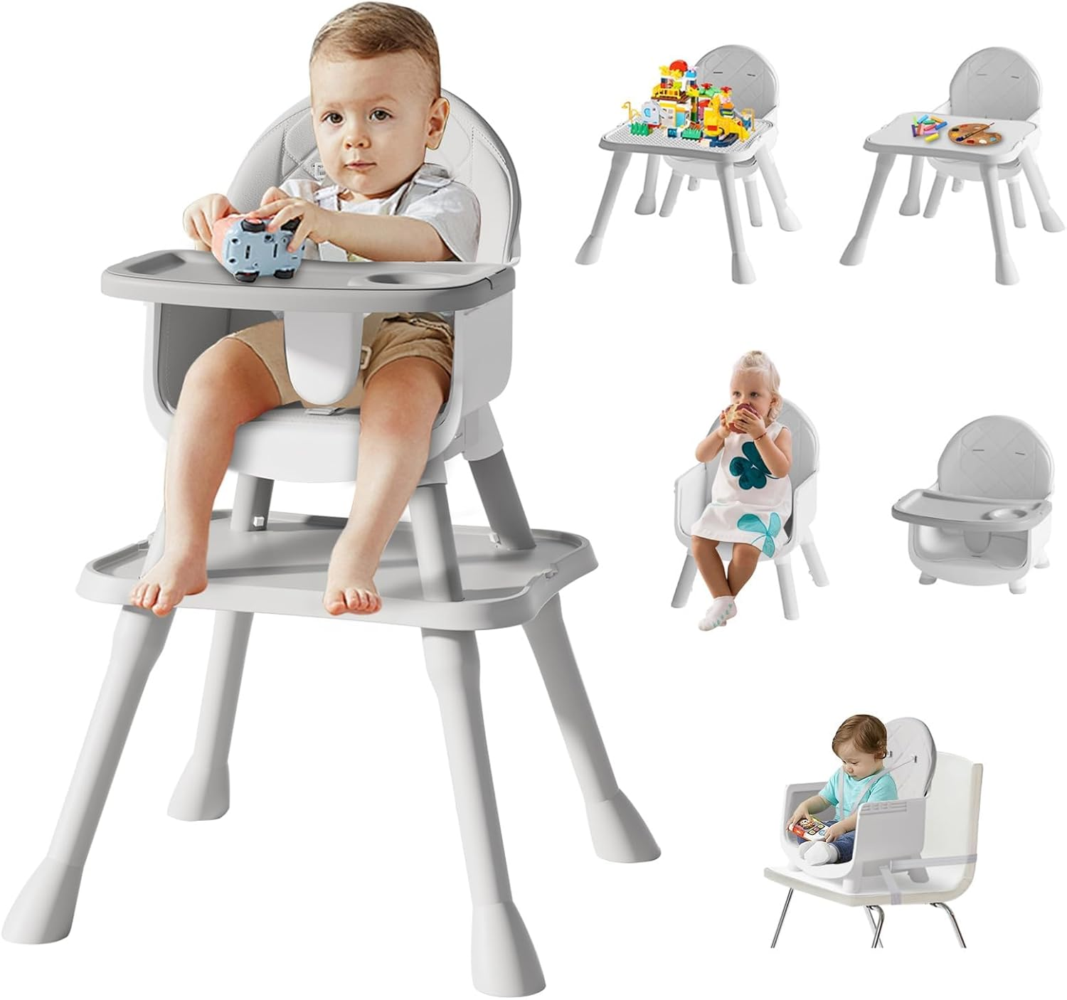6 in 1 Baby High Chair for Babies and Toddlers - Highchair Converts to Stool, Infant Dining Booster Seat, Toddler Chair, Building Block Table, Activity Table and Desk and Chair