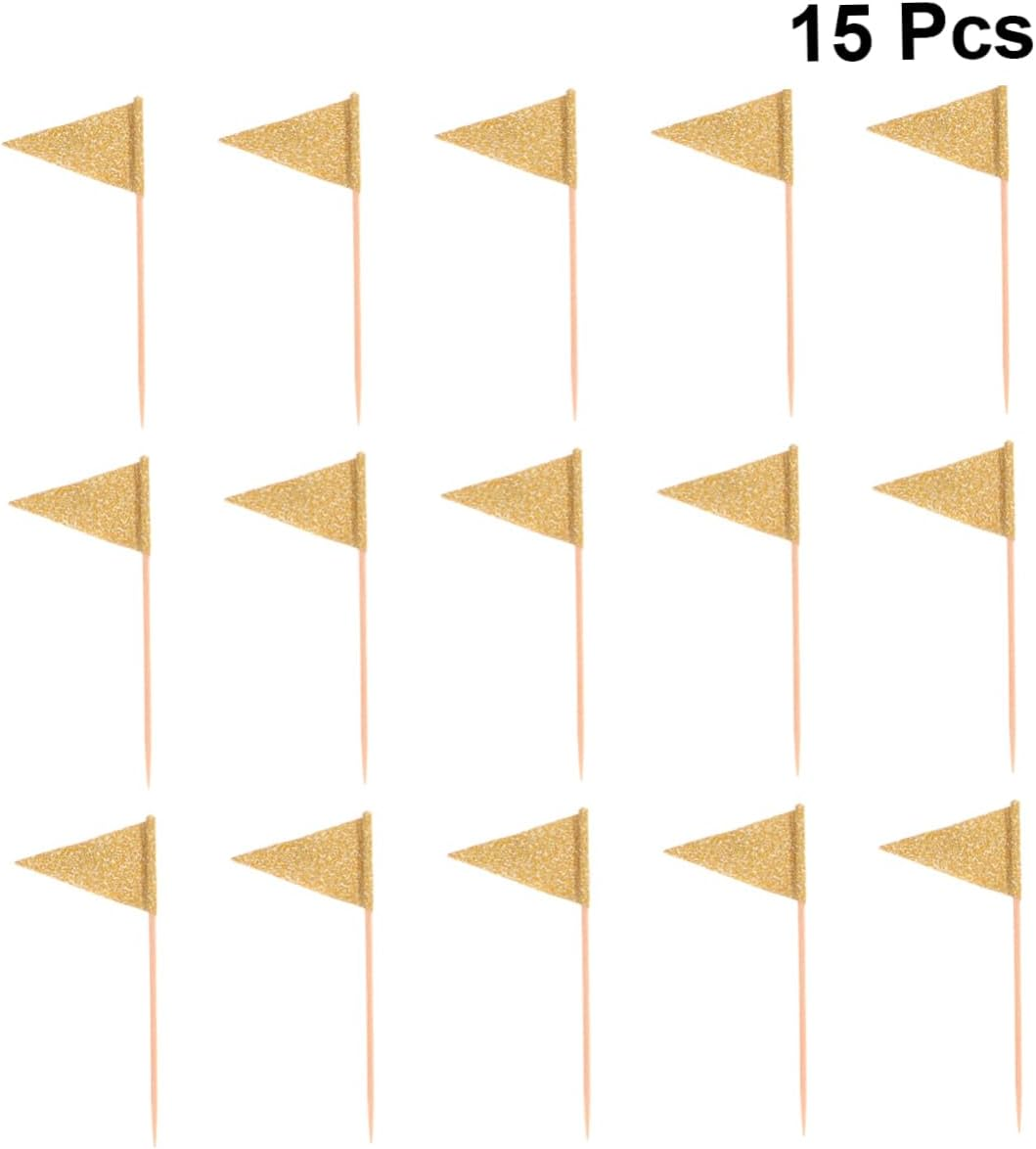 STOBAZA 15Pcs Glitter Small Triangle Flag Cake Toppers Year Party Annual Meeting Layout Cake Decoration Picks Dessert Insert for Boys and Girls Party Favours image number 1