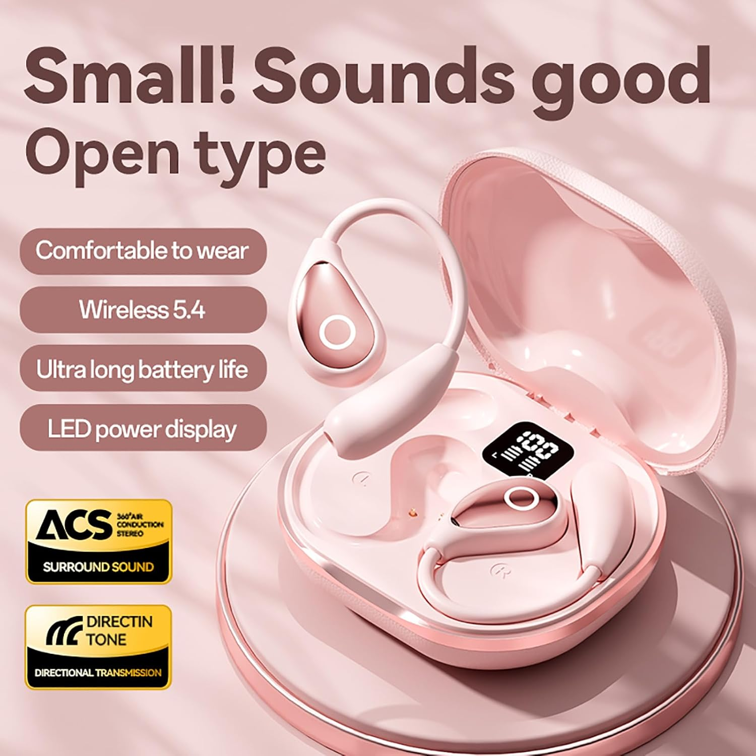 Open Ear Earbuds Wireless Bluetooth 5.4 Headphones with Microphone, Earphone with Earhooks, ENC Noise-Cancellation, 60H Playtime, Long-Lasting Comfort, Crystal-Clear Calls for Driving/Gym (Pink) - Beige image number 7