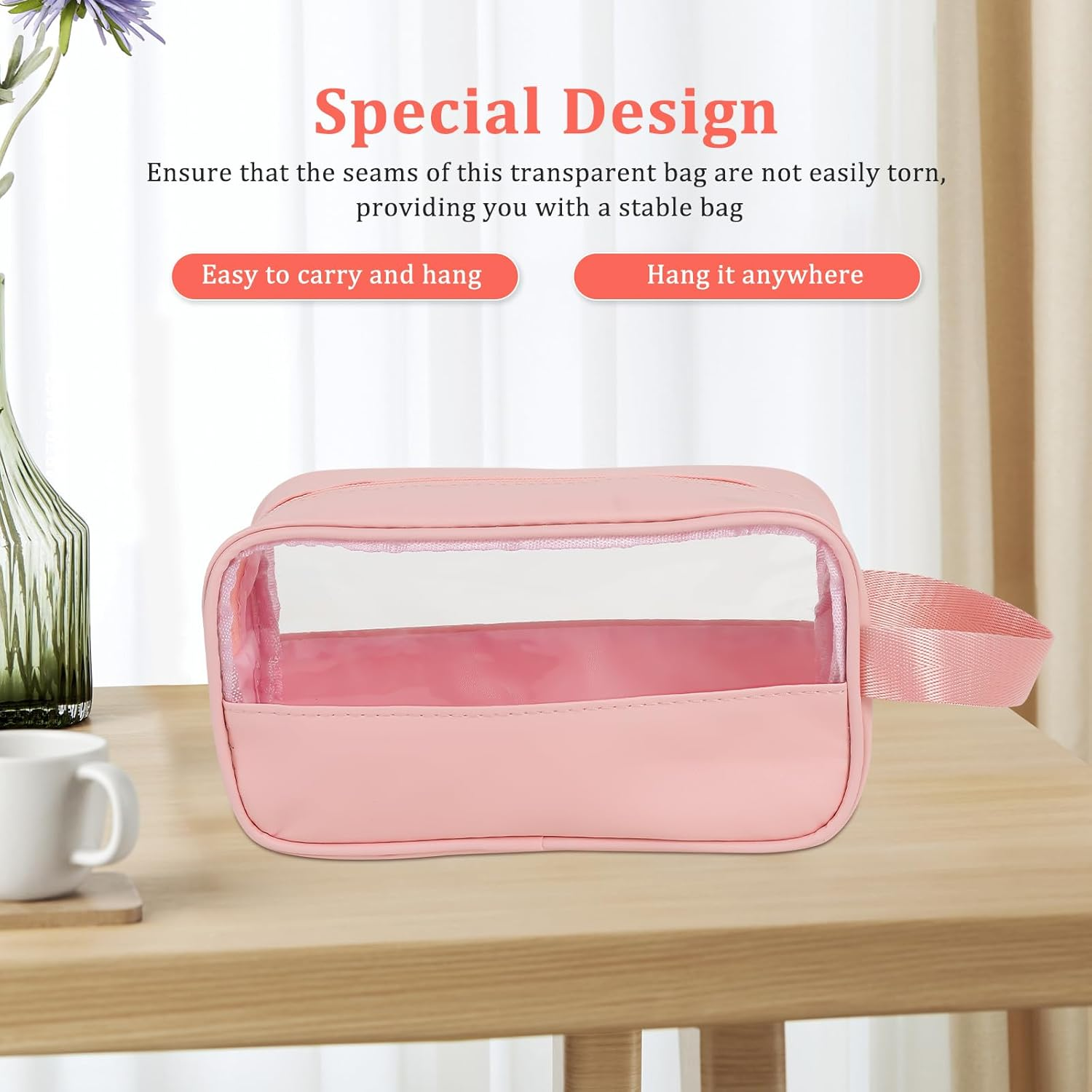 Makeup Bag, PVC Clear Toiletry Wash Bag, Waterproof Transparent Cosmetic Bags, Large Capacity Clear Makeup Organizer, Side Carry Handle, Multifunctional Portable Wash Pouch, for Travel (Pink)