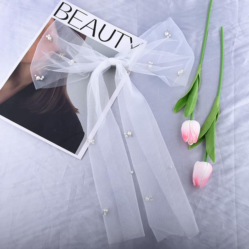 White Bow Wedding Veil for Bride - Short Tulle Veil with Pearl Hair Clip - Bridal Hair Accessories for Shower Party and Bachelorette image number 1