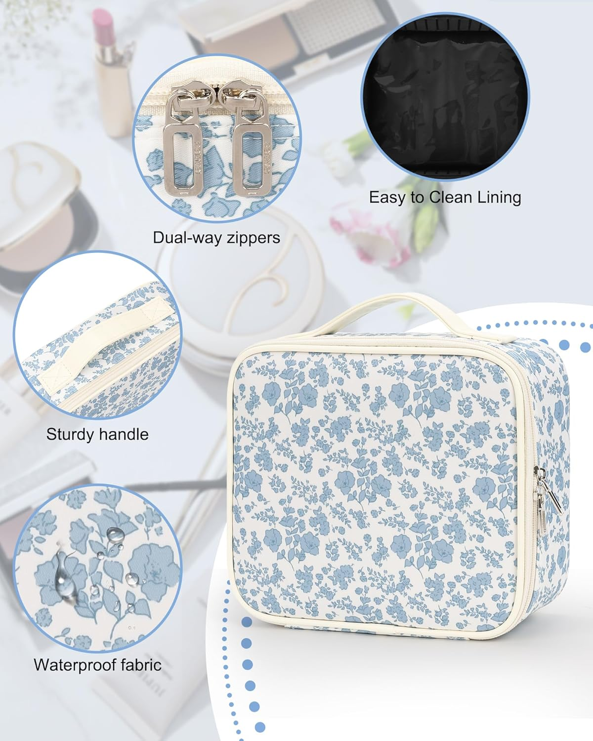 Travel Makeup Case, Professional Makeup Artist Makeup Bag, Portable Makeup Train Case Organizer with Adjustable Dividers, Cute Cosmetic Bags Birthday Gifts for Girls and Women, Floral Print image number 2