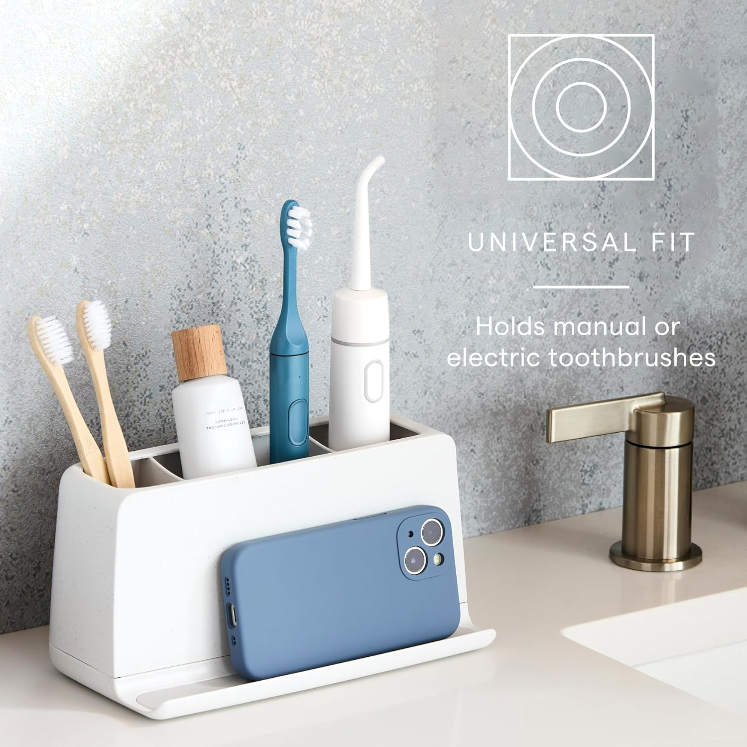 Youcopia the Ledge Toothbrush Holder, 3-Slot, Bathroom Vanity Counter Organizer with Cord Slots, Removable Base and Storage for Phones, Toothpaste and Accessories image number 3