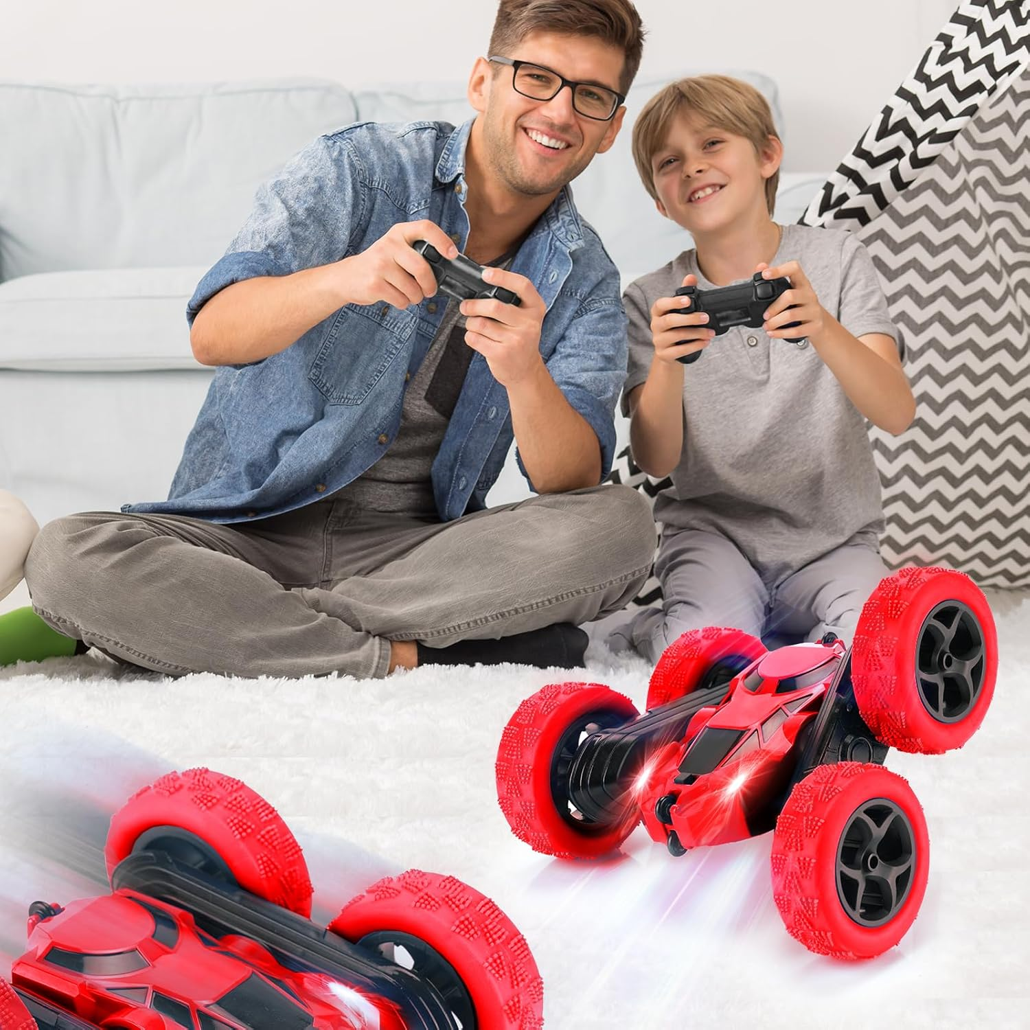 Remote Control Car for Kids Ages 6+, RC Cars Stunt Car Toy 4WD Double Sided 360&deg; Rotating， 2.4Ghz Remote Control with Headlights, Drift RC Race Car Birthday Gifts for Boys 6 7 8 9 10 11 12 (Red) image number 4