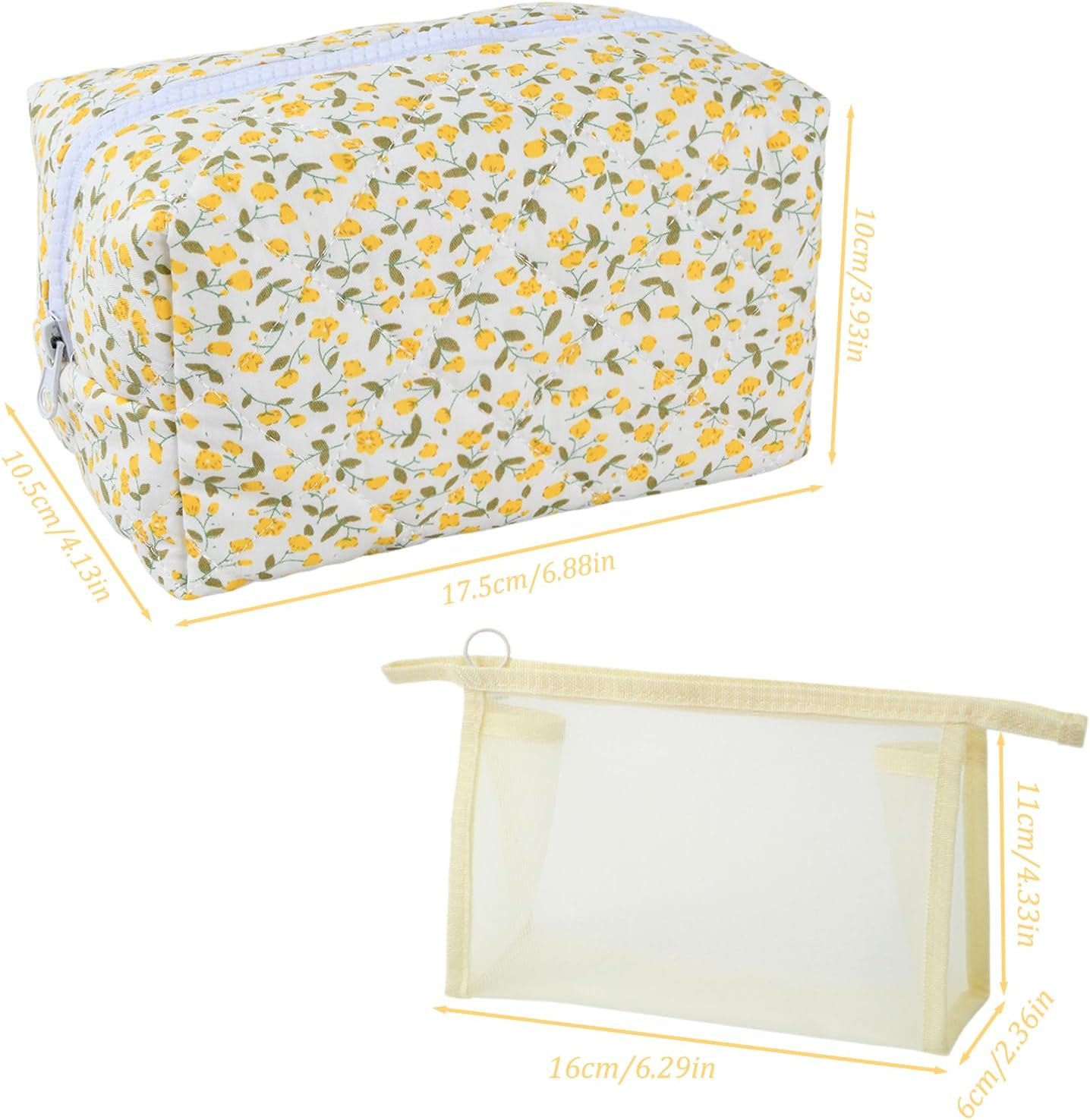 Pack of 2 Quilted Cosmetic Bags with Floral Pattern (Yellow) Made of Soft Cotton Material & Mesh Makeup Bag (Beige), Makeup Organiser for Women, Portable Toiletry Bag for Travel and Everyday Use image number 5