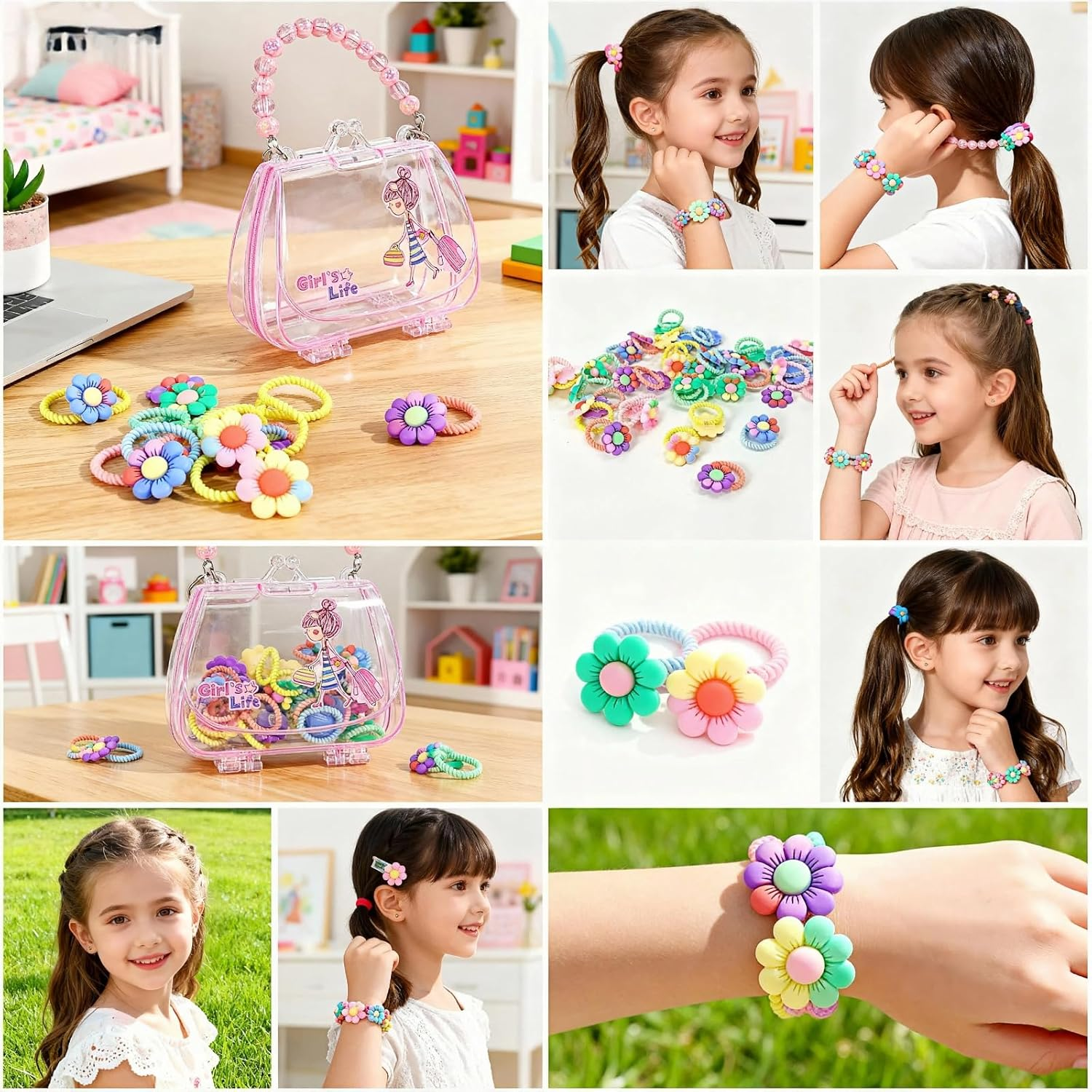 40Pcs Baby Girl Hair Ties with Lovely Bag Soft Candy Rubber Bands Cartoon Elastic Flower Hair Ties Pigtails Hair Accessories for Girls Infants Toddlers