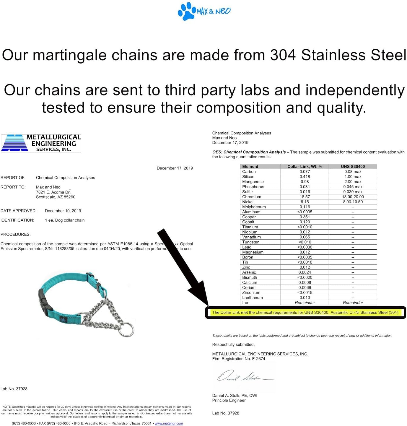 Max and Neo Stainless Steel Chain Martingale Collar - We Donate a Collar to a Dog Rescue for Every Collar Sold (Medium, Teal) image number 3