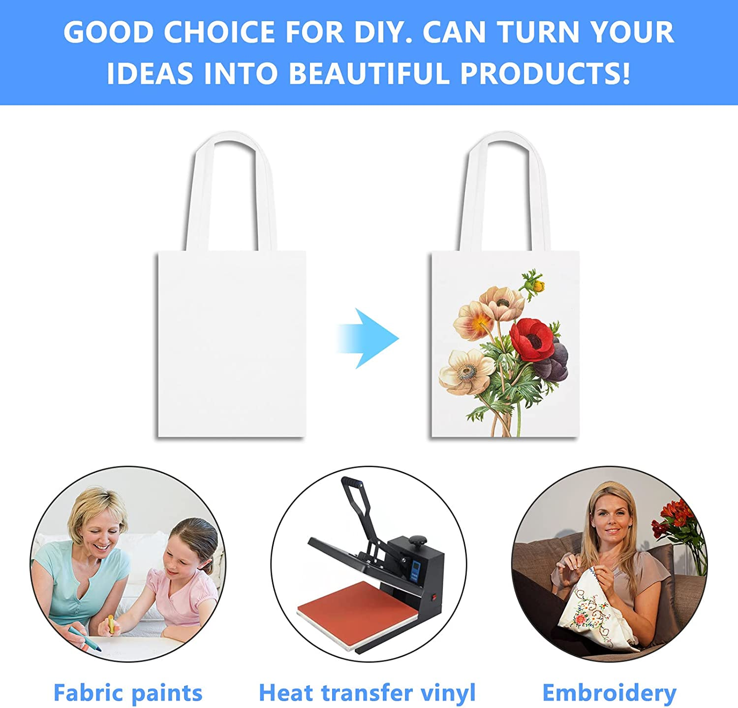 8 Pieces Craft Canvas Bag Sublimation Polyester Screen Printing Blank Canvas Tote Bag Reusable Grocery Bags Durable Bag for Creative DIY Funs, Crafting and Embroidering（Creamy White） image number 4